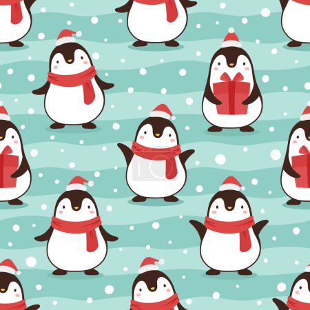 Illustration for Christmas seamless pattern with  penguins on snow background - Royalty Free Image