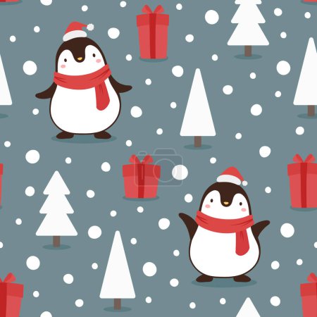 Ilustración de Patrón sin costuras de Navidad con pingüinos en sombreros de Santa Claus, regalos, árboles - Imagen libre de derechos