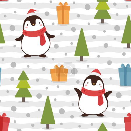 Illustration for Christmas seamless pattern with  penguins, gifts and christmas trees - Royalty Free Image