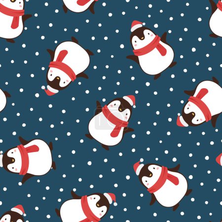 Téléchargez les illustrations : Motif sans couture de Noël avec des pingouins chapeaux santa claus - en licence libre de droit