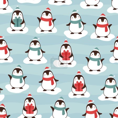 Téléchargez les illustrations : Motif sans couture de Noël avec des pingouins sur les nuages - en licence libre de droit