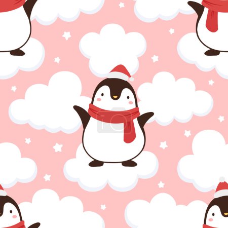 Illustration for Christmas seamless pattern with  penguins in santa claus hats - Royalty Free Image