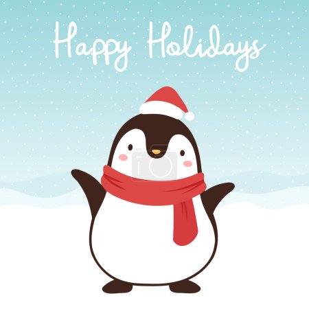 Téléchargez les illustrations : Carte de Noël mignon avec un pingouin joyeuses vacances - en licence libre de droit