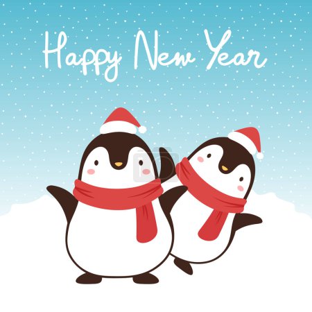 Téléchargez les illustrations : Carte de Noël mignon avec un pingouins heureuse nouvelle année - en licence libre de droit