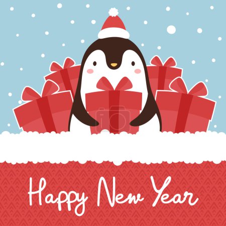 Ilustración de Linda tarjeta de Navidad con un pingüino feliz año nuevo - Imagen libre de derechos