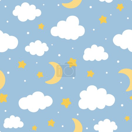 Ilustración de Moon, Clouds and Stars Cute Seamless Pattern, Cartoon Vector Illustration, Cute  Cartoon Drawn Background - Imagen libre de derechos