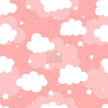 Illustration for Clouds and Stars Cute Seamless Pattern, Cartoon Vector Illustration, Cute  Cartoon Drawn Background - Royalty Free Image