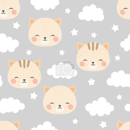 Téléchargez les illustrations : Chats avec des nuages mignons motif sans couture, fond animaux chat doodle, illustration vectorielle chaton - en licence libre de droit