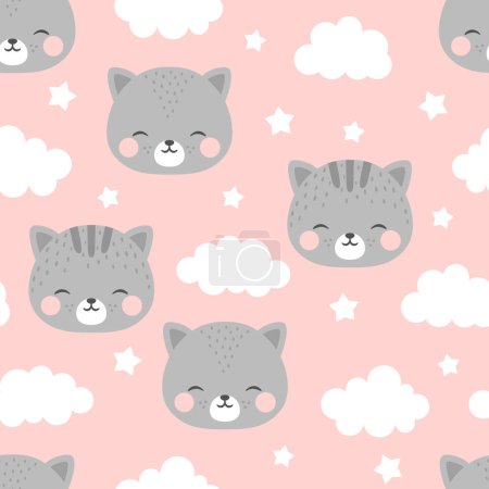 Illustration for Cats with cute clouds seamless pattern, doodle cat animals background, kitten vector illustration - Royalty Free Image