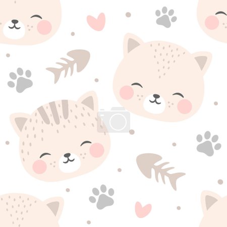 Téléchargez les illustrations : Chats avec motif mignon patte de chaton sans couture, fond animaux chat doodle, illustration vectorielle chaton - en licence libre de droit