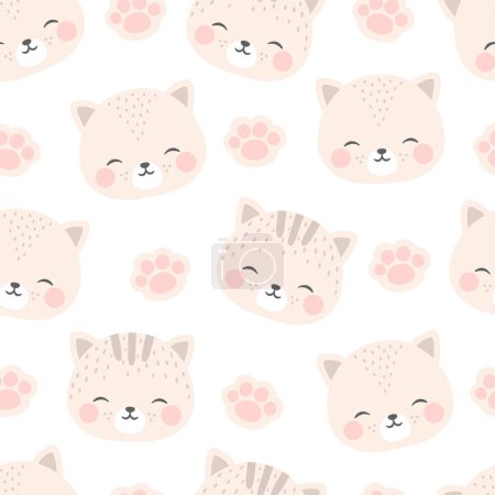 Téléchargez les illustrations : Chats avec pattes de chaton mignon motif sans couture, fond d'animaux chat doodle, illustration vectorielle chaton - en licence libre de droit