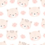 cats with cute kitty paws seamless pattern, doodle cat animals background, kitten vector illustration 
