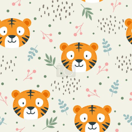 Ilustración de Tigres patrón de fondo sin costuras, vector de ilustración, animales patrón de dibujos animados - Imagen libre de derechos