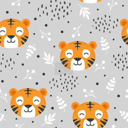 Téléchargez les illustrations : Motif de tigres fond sans couture, illustration vectorielle, motif de dessin animé animaux - en licence libre de droit