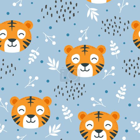 Téléchargez les illustrations : Motif de tigres fond sans couture, illustration vectorielle, motif de dessin animé animaux - en licence libre de droit