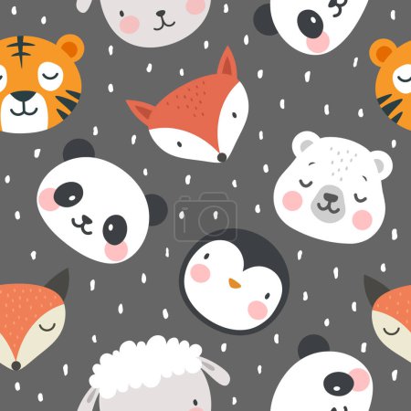 Illustration for Cute animals seamless pattern. panda, fox, tiger, bear and penguin vector illustration for your design. - Royalty Free Image