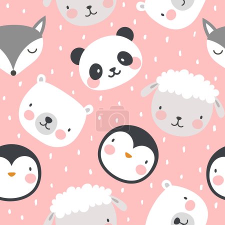 Ilustración de Animales lindos patrón sin costura. panda, zorro, oveja, oso y pingüino vector ilustración para su diseño. - Imagen libre de derechos