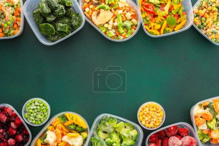 Photo for Food in winter, freezing fresh vegetables in summer in the refrigerator, various frozen vegetables in plastic dishes above and below green background, copy space - Royalty Free Image