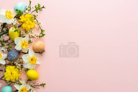 Fondo festivo con flores de primavera y huevos de Pascua, narcisos blancos y ramas de flor de cerezo sobre un fondo rosado pastel