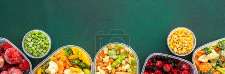 Photo for Food in winter, freezing fresh vegetables in summer in the refrigerator, various frozen vegetables in plastic dishes, top view, banner - Royalty Free Image