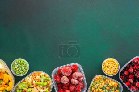 Photo for Food in winter, freezing fresh vegetables in summer in the refrigerator, various frozen vegetables in plastic dishes, top view - Royalty Free Image