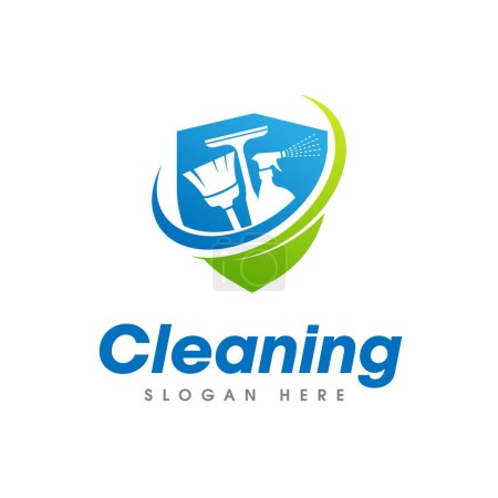 Téléchargez les illustrations : Service de nettoyage Logo Design. Équipements de nettoyage balai, raclette et pulvérisation isolés sur la forme du bouclier - en licence libre de droit