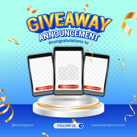 Giveaway winner announcement social media post banner template with 3d podium element