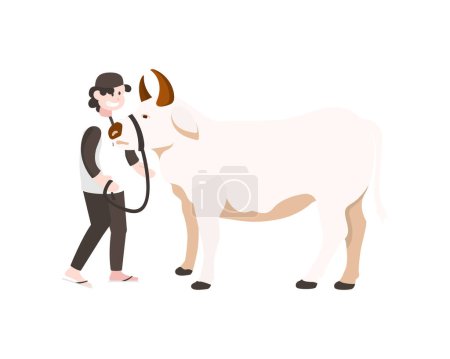 Eid Al Adha Mubarak vector illustration. Muslim Man Pulling Cow for Sacrifice Islamic Festival