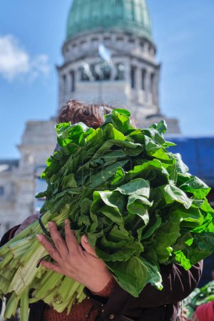 Photo for Buenos Aires, Argentina, 21 sept, 2021: UTT, Union de Trabajadores de la Tierra, Land Workers Union, gave away free organic food, fruits and vegetables, demanding the approval of the Land Access Law. - Royalty Free Image