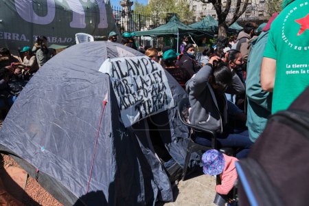 Photo for Buenos Aires, Argentina, 21 sept, 2021: UTT, Union de Trabajadores de la Tierra, Land Workers Union, protest in front of the National Congress demanding the approval of the Law on Access to Land. - Royalty Free Image