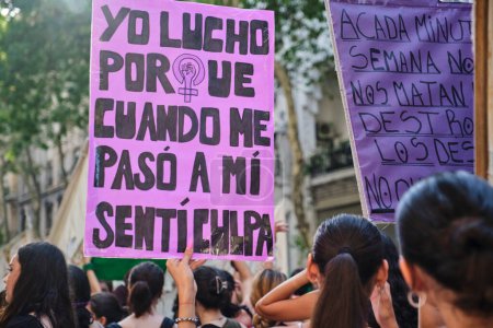 Téléchargez les photos : Buenos Aires, Argentine ; 8 mars 2023 : Grève féministe internationale, une femme méconnaissable tient un signe avec le texte que je lutte parce que quand il m'est arrivé, je me sentais coupable. - en image libre de droit