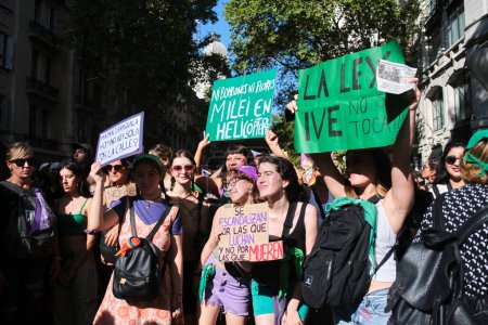 Téléchargez les photos : Buenos Aires, Argentine ; 8 mars 2024 : Des femmes érigent des affiches féministes contre la violence sexiste, en faveur de la loi sur l'avortement légal et contre le président du gouvernement - en image libre de droit