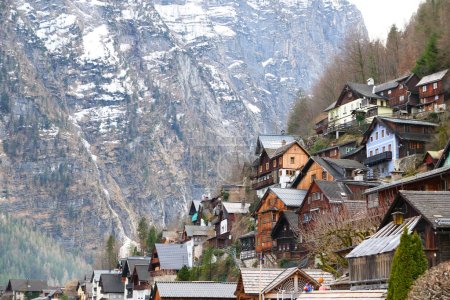 Houses on the mountain in Hallstatt town in Alps, Austria. Winter season. UNESCO World Heritage Site.