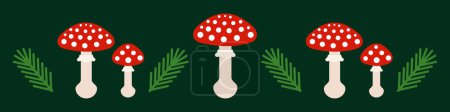 Téléchargez les illustrations : Crapaud rouge champignon et sapin branches forêt frontière verte. Illustration vectorielle, - en licence libre de droit