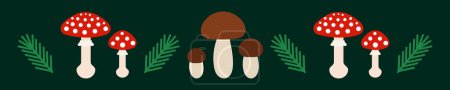 Téléchargez les illustrations : Crapaud rouge champignon et boulettes comestibles forêt frontière verte. Illustration vectorielle, - en licence libre de droit