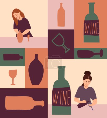 Illustration for Young woman after drinking alcohol. Drunk tiny person sitting with bottle and glasses of wine flat vector illustration. Addiction, problem of health, bad habit concept - Royalty Free Image