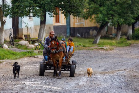 Téléchargez les photos : Conduire une calèche dans le village de Viscri en Roumanie, 15 juillet 2022 - en image libre de droit