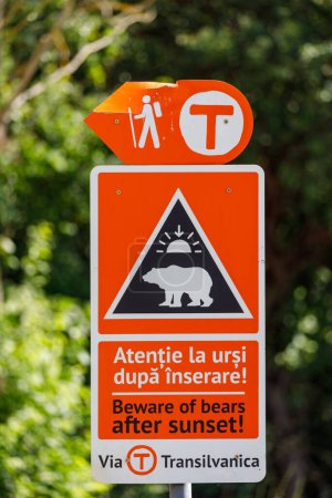 Photo for Bear warning Sign for hiking in Transylvania Romania, August 01, 2022 - Royalty Free Image