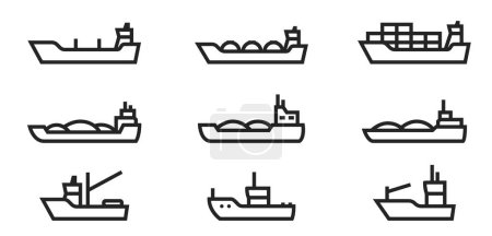 conjunto de iconos de línea naval industrial. buques de transporte y pesca. imágenes vectoriales aisladas
