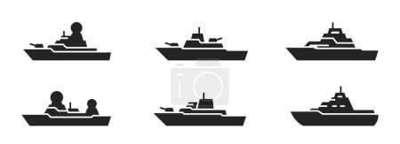 Ilustración de Conjunto de iconos de nave de guerra. buques militares y navales. imágenes vectoriales aisladas en estilo simple - Imagen libre de derechos