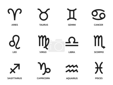 Téléchargez les illustrations : Signes du zodiaque ensemble de symboles. icônes astrologiques et horoscopiques. images vectorielles isolées dans un style simple - en licence libre de droit