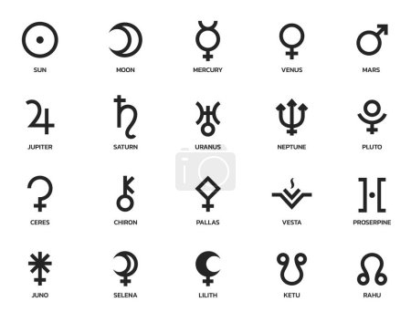 Astrologie Symbolsatz. Planet und Asteroidensymbol. Astronomie und Horoskopzeichen. isoliertes Vektorbild im einfachen Stil