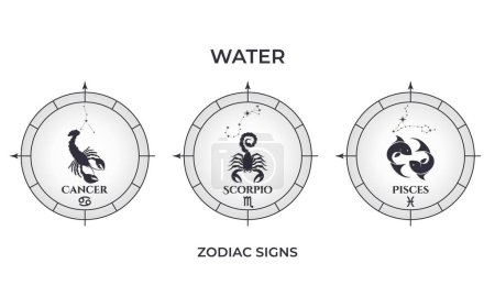 élément eau signes du zodiaque. cancer, scorpion et poissons. astrologie et symbole horoscope