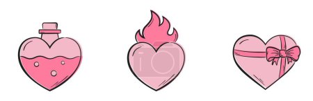 pink hearts icons. love perfume, flaming heart and heart with ribbon. love and romantic symbols. vector elements for valentines day design