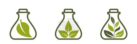 planta verde en conjunto icono frasco. símbolo ecológico, orgánico y botánico. ilustración vectorial aislada en diseño plano