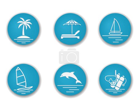 summer vacation round icon set. sea, beach and palm. vector color illustrations for tourism design