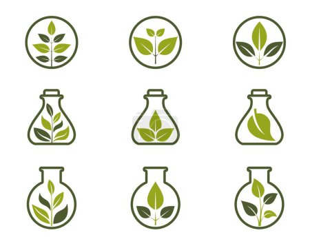organic icon set. green plant in flask and in a circle. isolated vector images in flat design
