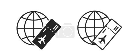 Welt und Flugticket flach und Linie Symbole. Symbole für Flugreisen und Reisen. isolierte Vektorbilder für Tourismus-Design