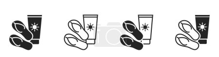 icônes de vacances à la plage. crème solaire et tongs. symbole de station estivale. illustrations vectorielles isolées pour la conception touristique