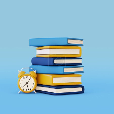 School supplies icon. Stack of books and analog clock. 3D render